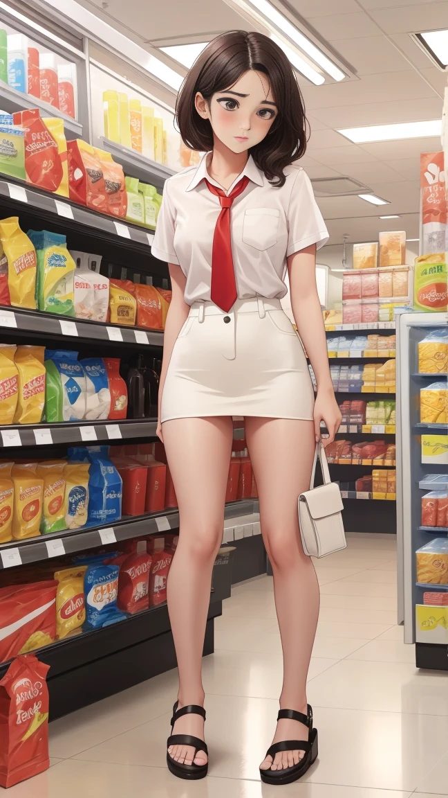 (High definition images), ((Red cheeks, An embarrassed expression)), The legs are very long, The legs are small and slender, ((White short-sleeved collared shirt)), (black pencil skirt), sandals, (not wearing underwear), (no underwear), (no panties, Visible genitals), Lubricant flows from the pussy, There was sweat coming out of the pussy, (There is a lot of pubic hair), (full body image), (crowd), In a convenience store.