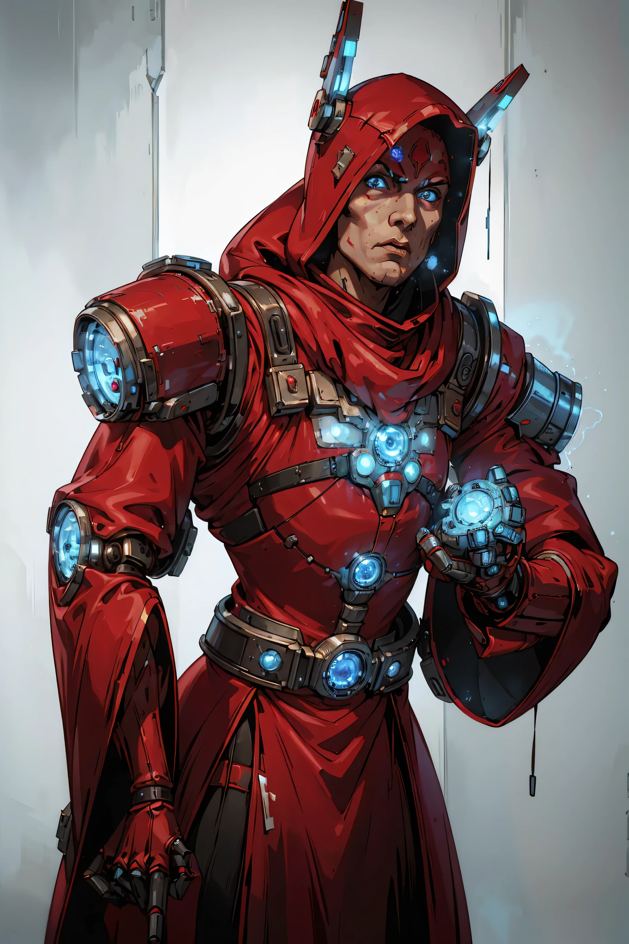 Ancient male tech-priest, long red mantle and hood, robot arms, robotic-techno-face-mask, glowing blue LED lights, (((upper body portrait)), frontal image, plain white background, standing)
