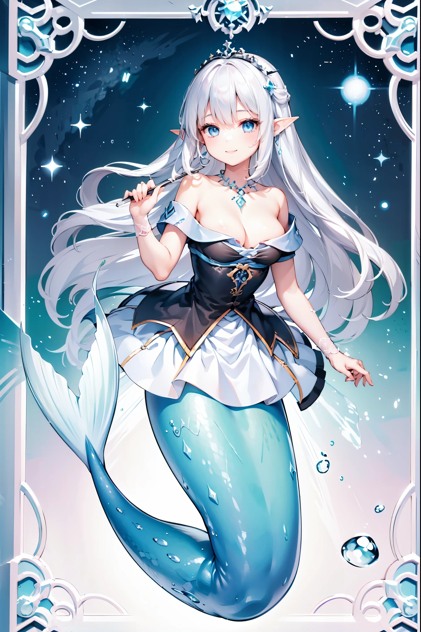 masterpiece, best quality,A girl,White hair,Teardrop_the_Rikka_Queen,long skirt,long dress,blue eyes,Elf ears,独奏,Large Breasts,Mermaid,蓝色的Mermaid尾巴,full-body shot,(In the water:1.2),Looking at the audience,Smile