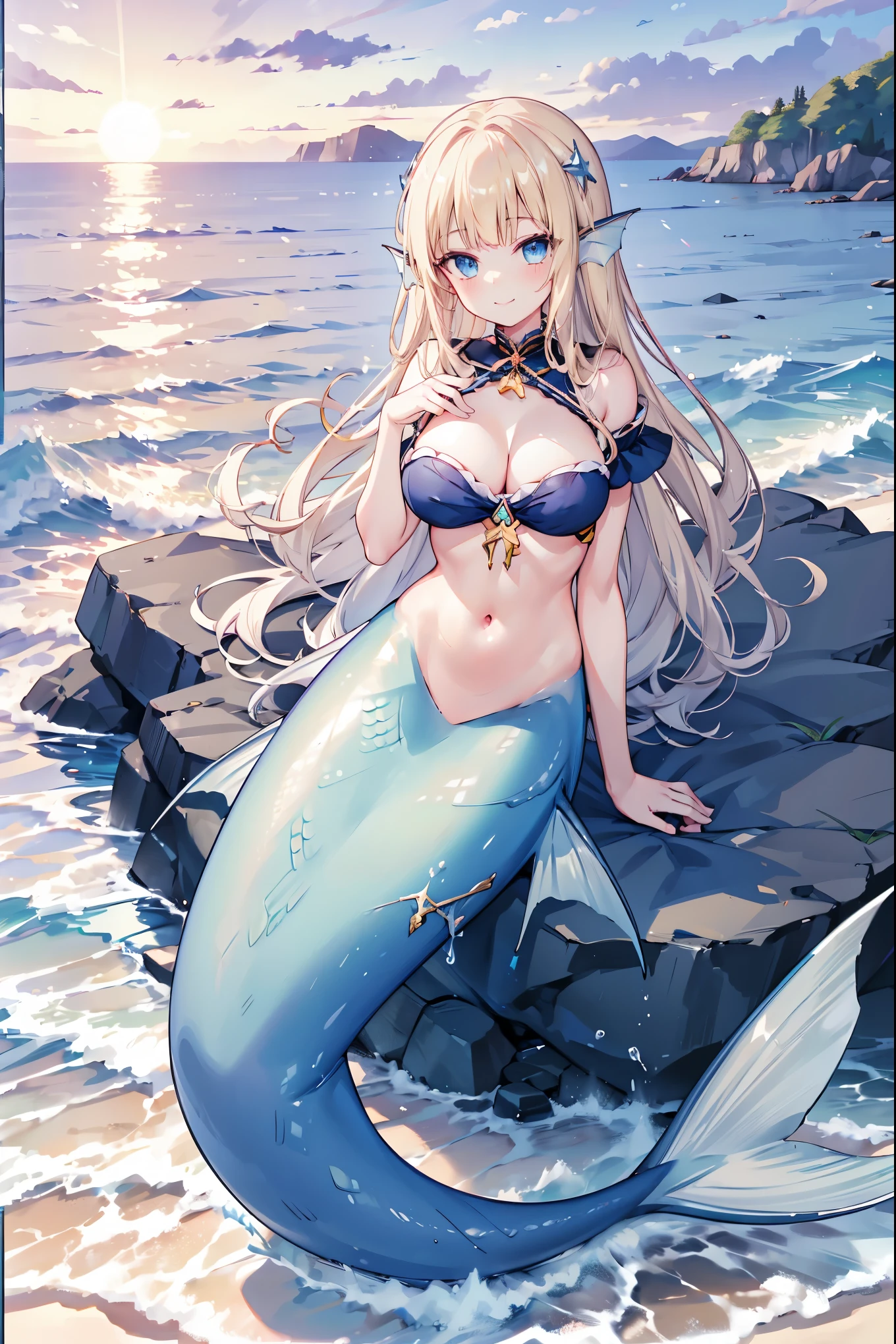 masterpiece, best quality,PrincessMia20,A girl,Head fin,Large Breasts,Blue Eyes,blonde,独奏,Mermaid,蓝色的Mermaid尾巴,full-body shot,beach,Sea view,Smile