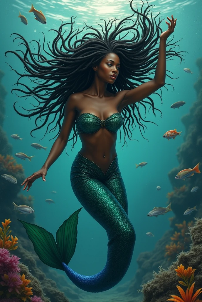 Yemanja, deusa africana, negra, Mother of the Waters, vestido azul claro e branco com adorno prateado, mermaid, corpo inteiro. fundo como o fundo do mar com peixes, conchas e estrela do mar. estilo mito. mistic. poder e magia.