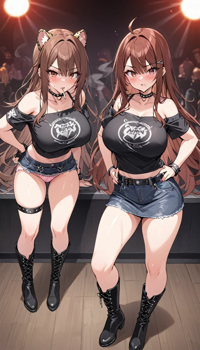 Ultra-high definition image quality、beautiful girl、Yankee Girl、Reddish brown hair、Disheveled long hair、Gal、Nightclub、Off-the-shoulder T-shirt、Tight denim skirt、Very short denim skirt、4K quality、Highest quality, Big Ass、Thighs、Big Breasts、High cut boots、Glare、Put your hands on your hips、intimidating face、Put a cigarette in your mouth、Cigarette smoke、Punk Fashion、Sit with your legs apart、Pink panties with panties with leopard print