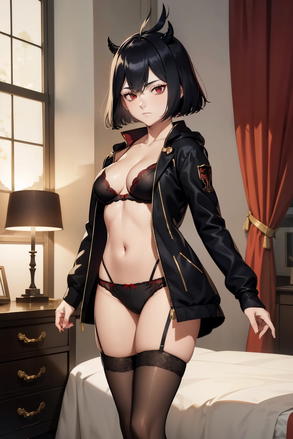 Nero   ,1girl , anime , Black hair horns ,red eyes , jaqueta aberta open clothes , , disappointed face , solo ,  jacket, open clothes, bra , flat chest ,pantie  ,lingerie sexy ,lace stockings , looking at viewer , bedroom .