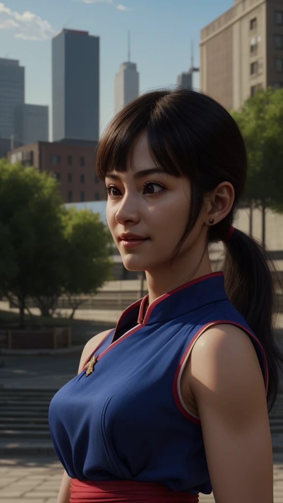 chichi, 1girl, solo, black eyes, black hair, blunt bangs, sidelocks, low ponytail,
china dress, blue dress, sleeveless, red sash, wristband, bare shoulders,
smile,closed mouth,cowboy shot,
city ,outdoor, sunny, light on face
(insanely detailed, beautiful detailed face, masterpiece, best quality) cinematic lighting, (insanely detailed, beautiful detailed face, masterpiece, best quality) cinematic lighting, (photo realistic:1.4), (hyper realistic:1.4), (realistic:1.3), (smoother lighting:1.05), (increase cinematic lighting quality:0.9), 32K