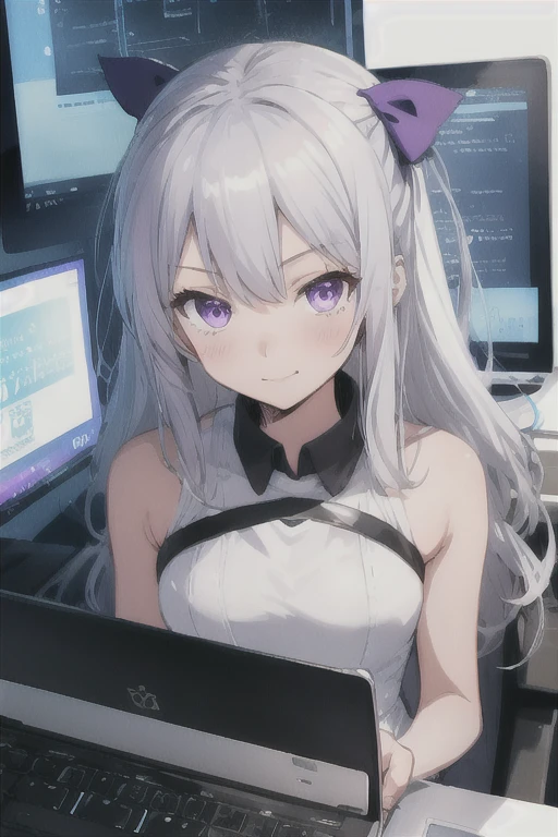 One girl, Long Hair, computer_Chan,  Little:1.5, one piece, White Dress,  Silver Hair,  Purple eyes, Dark Skin, White Background,  (whole body:1.2),  (Mischievous:1.2),