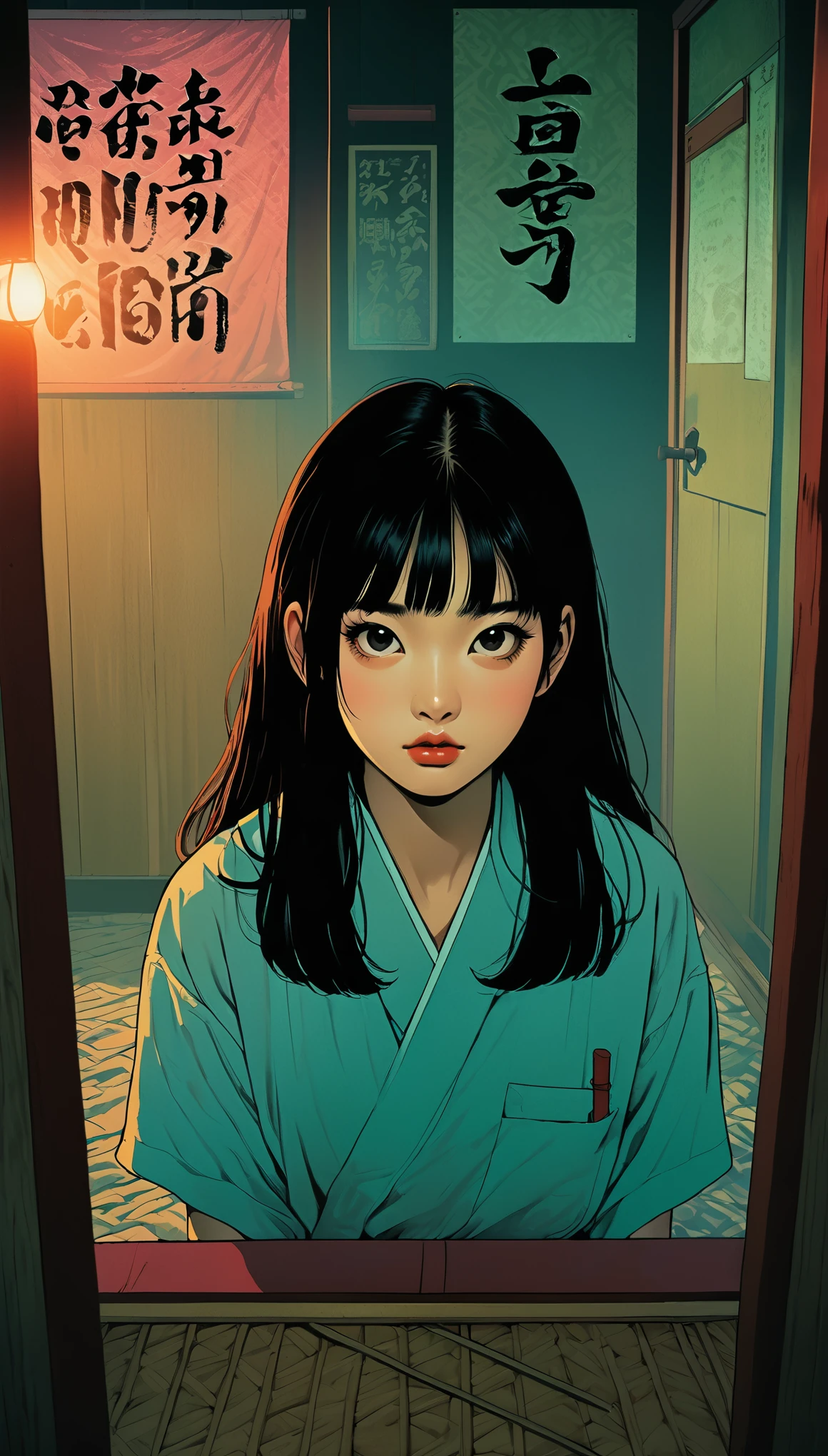 An illustration、art、80s Thai horror movie poster, Supervised by Junji Ito、(high school student:1.0)、Japanese-style room、tatami、Incense、Attention to detail, Realistic Shadows、Analog Style, chromatic aberration, Surrealism、Complementary Gradient