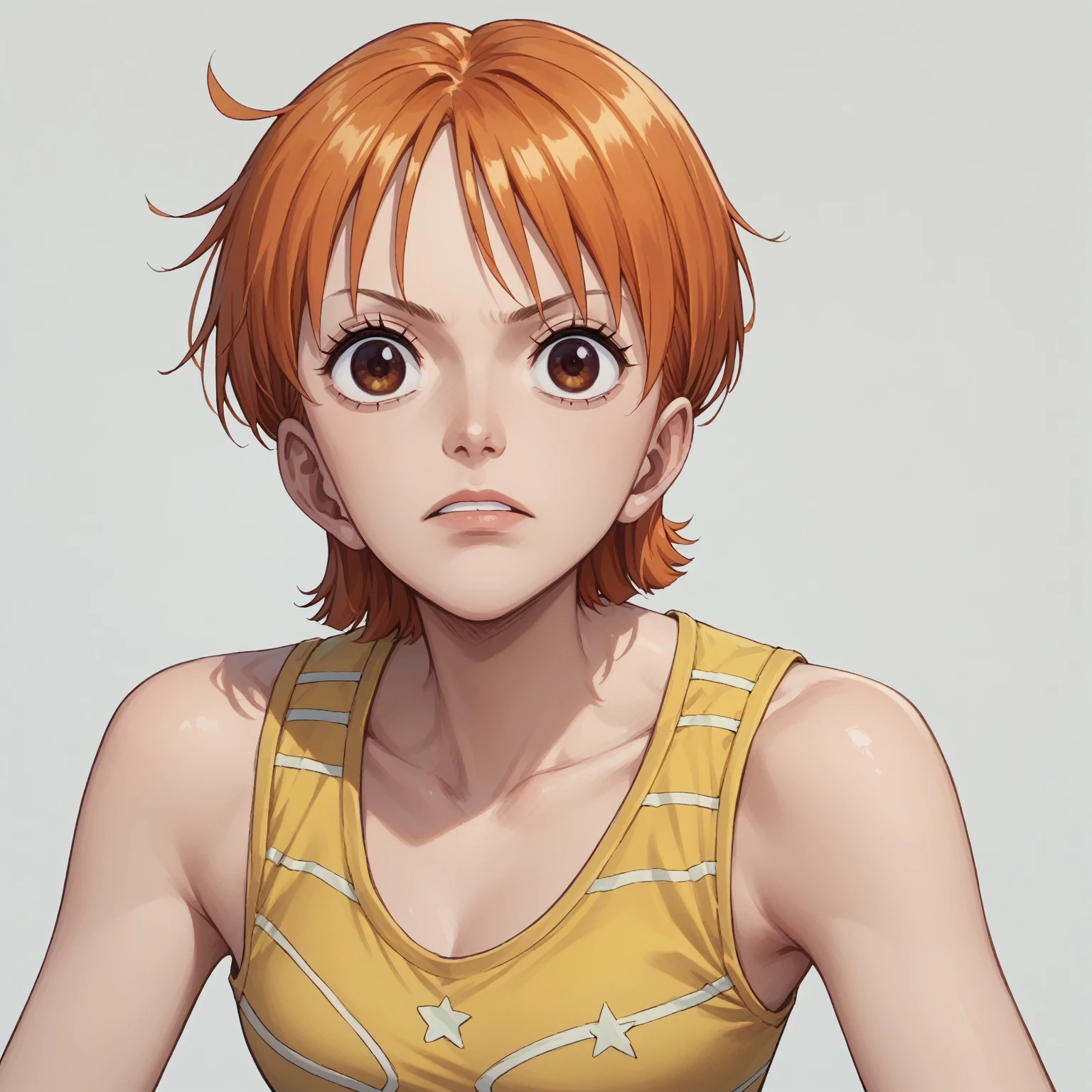 alone,
we,1 girl,orange hair,brown eyes,
short hair,
tank_maximum,Yellow skirt,