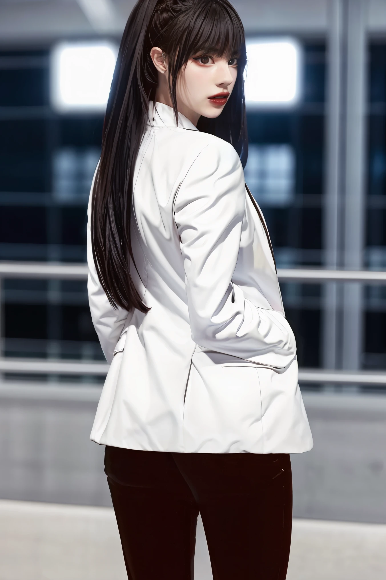 masterpiece, high quality, depth of field, dramatic light, best shadow, best illumination, (backlighting), 8k, beautiful lighting, best quality, highres, female focus, Jiyoung Yoo, 1girl, solo, black hair, long hair, white office suit, red jacket,   