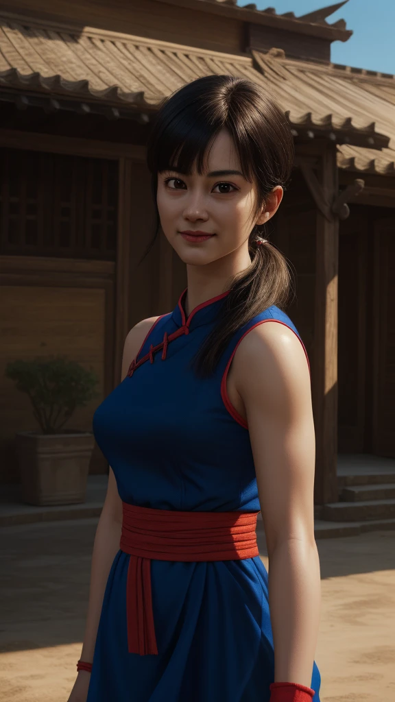 chichi, 1girl, solo, black eyes, black hair, blunt bangs, sidelocks, low ponytail,
china dress, blue dress, sleeveless, red sash, wristband, bare shoulders,
smile,closed mouth,cowboy shot, full body
city ,outdoor, sunny, light on face
(insanely detailed, beautiful detailed face, masterpiece, best quality) cinematic lighting, (insanely detailed, beautiful detailed face, masterpiece, best quality) cinematic lighting, (photo realistic:1.4), (hyper realistic:1.4), (realistic:1.3), (smoother lighting:1.05), (increase cinematic lighting quality:0.9), 32K