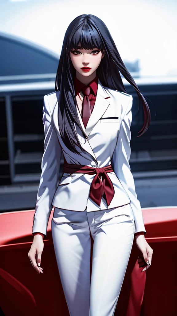 masterpiece, high quality, depth of field, dramatic light, best shadow, best illumination, (backlighting), 8k, beautiful lighting, best quality, highres, female focus, Jiyoung Yoo, 1girl, solo, black hair, long hair, white office suit, red jacket,   