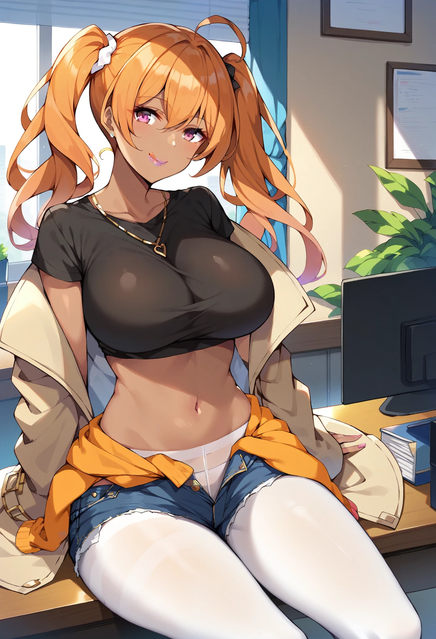 masterpiece, score_9, score_8_up, score_7_up, best quality, extremely detailed, 1girl, milf, gyaru, solo, (dark skin, black skin:1.8), kafka_\(honkai:_star_rail\), (large breasts:1.9), ((((orange hair), long hair, pink eyes, twintails, ahoge))), purple lips, (((black t-shirt, crop top, navel, denim shorts, coat around waist, white pantyhose))), ((naughty smile), closed mouth, licking own lips), ((sitting, on table, office))