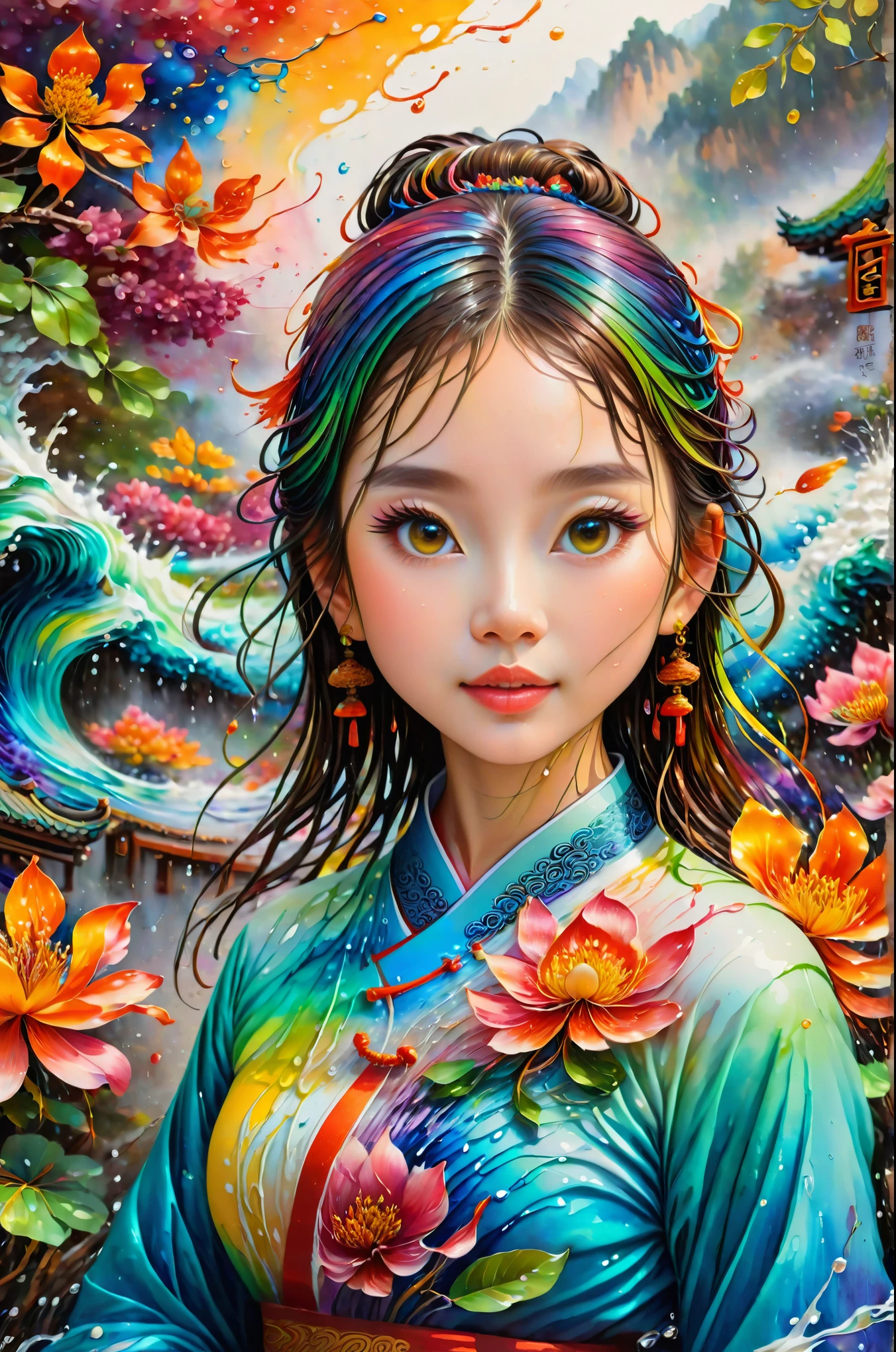 colorfully, many colors, intricate-detail, opening screen, photorrealistic, detailed fluid gouache painting, handwriting, acrylic, water color art,
work of art, best qualityer, 1 girl, Chinese