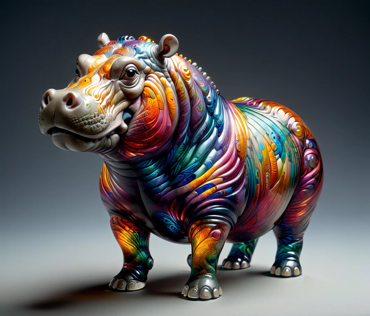 (chubby, male, hippo), transparent glass sculpture, vibrant colors, highly detailed, intricate details, best quality, masterpiece, mad-vangoghian, depth of field, (((grey background)))