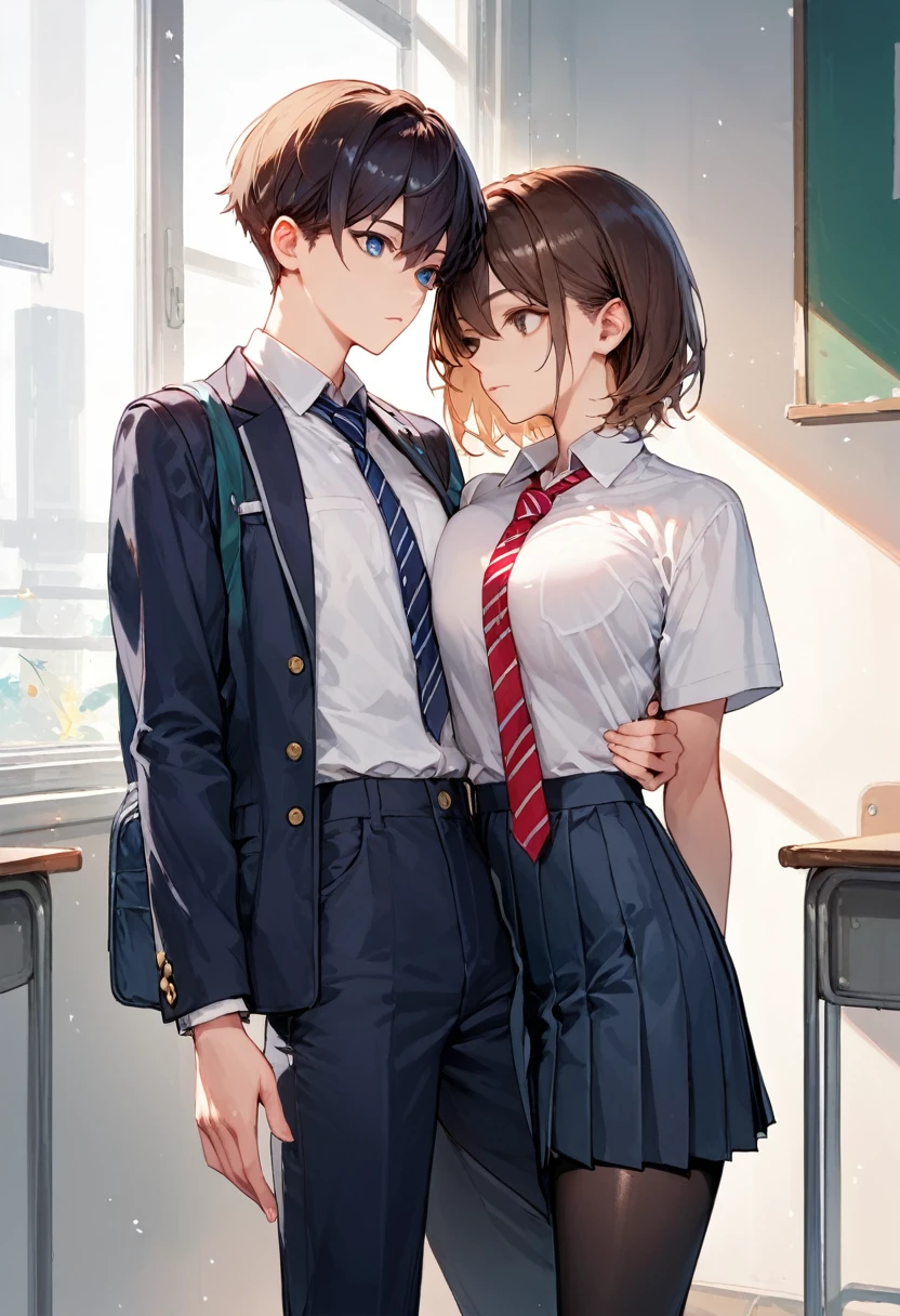 A scene of a beautiful black-haired classmate having intense sex with another man while still wearing her uniform in the classroom after school