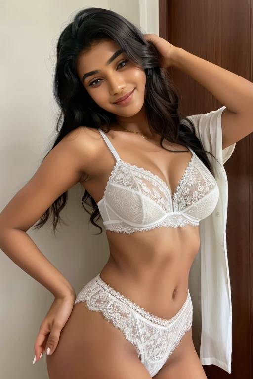 20 year old Indian woman , wearing white Lacey bra , cute smile 