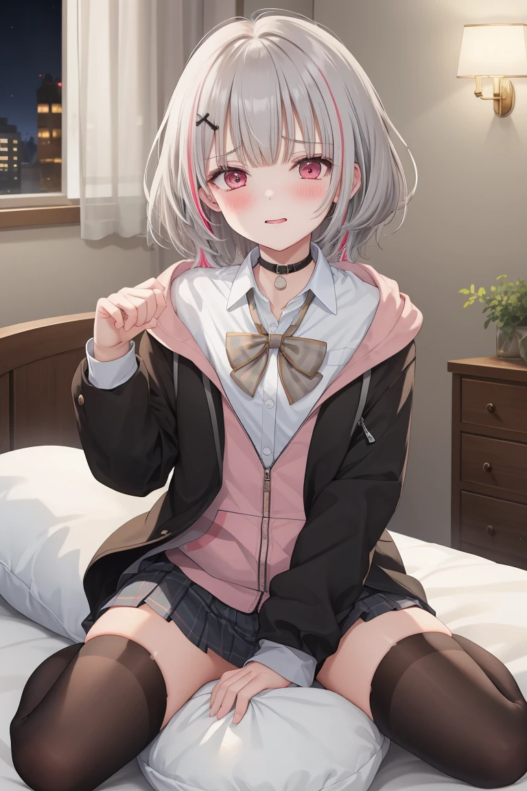 Portrait, official art, best masterpiece, best quality, best resolution, 8K, best detailed, perfect anatomy
BREAK
1girl, solo, bbsena, grey hair, short hair, multicolored hair, hair ornament, black choker, bowtie, collared shirt, hoodie, black jacket, open clothes, long sleeves, grey skirt, pleated skirt, black thighhighs, (flat chest, short stature:1.2), black panties
BREAK
nsfw, masturbation, Straddling, cowgirl position, pillow humping, crotch rub, pillow, on pillow
BREAK
(female orgasm:1.3), (lewd face, blush, close your mouth:1.2), troubled eyebrows, Squinting Eyes
BREAK
luxurious room, bed room, on bed, (night, midnight, darkness:1.3), very fine and detailed 16KCG wallpapers