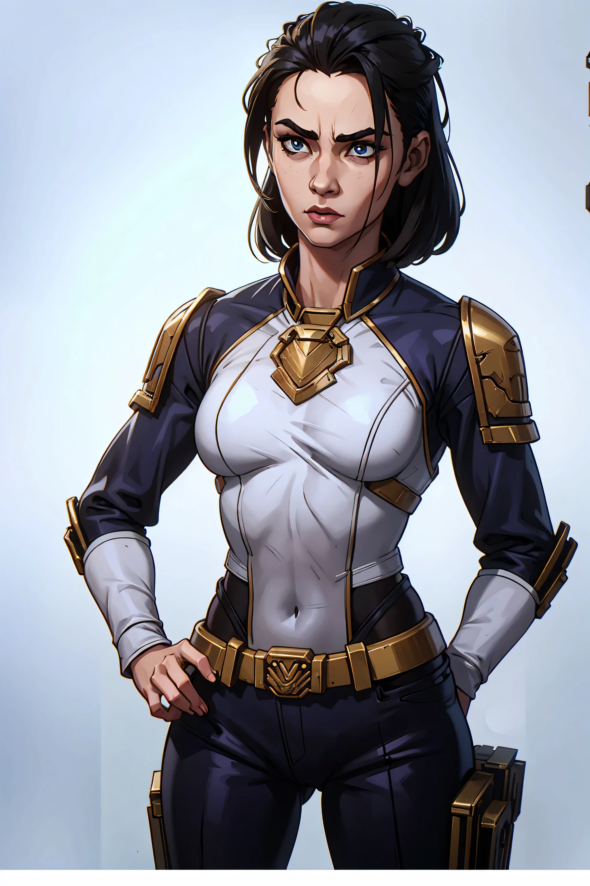 female, uniform wearing si-fi soldier, heavy breastplate, flat chest, small breasts, futuristic, grimdark, warhammer, ((upper body portrait)), frontal image, plain white background, standing