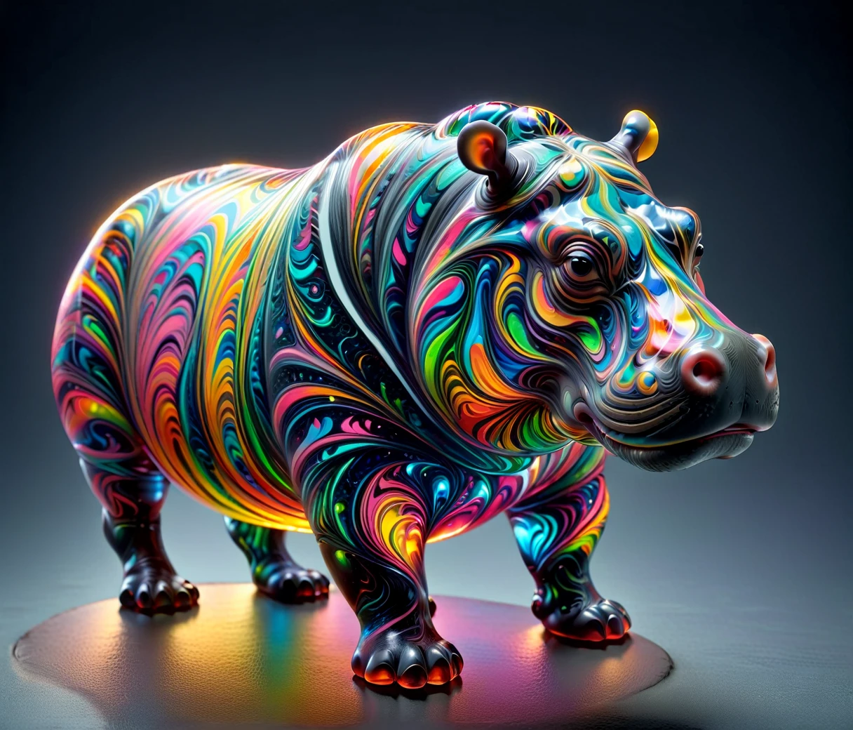 (chubby, male, hippo), transparent glass sculpture, vibrant colors, highly detailed, intricate details, best quality, masterpiece, mad-vangoghian, depth of field, (((grey background)))