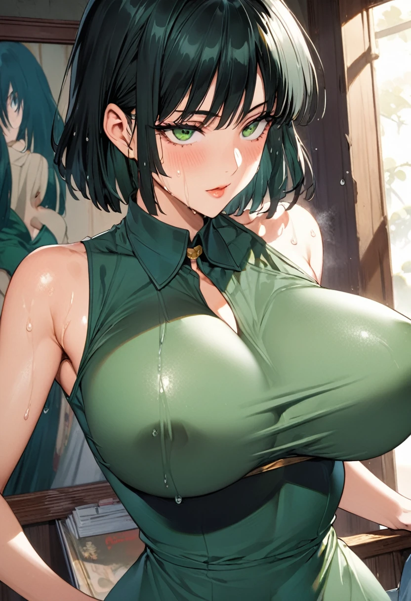 masterpiece, Highest quality, High resolution, (Fubuki),1990s \(style\),(E-cup beautiful breasts)、height: 170cm,Sweating all over the body、((sexy))、(Browsing Caution),独奏,Anime-style painting style, Greenish black hair,Short Hair,Green dress,A composition that focuses on bust enhancement,(Cool face)、(Pointed Eyes)