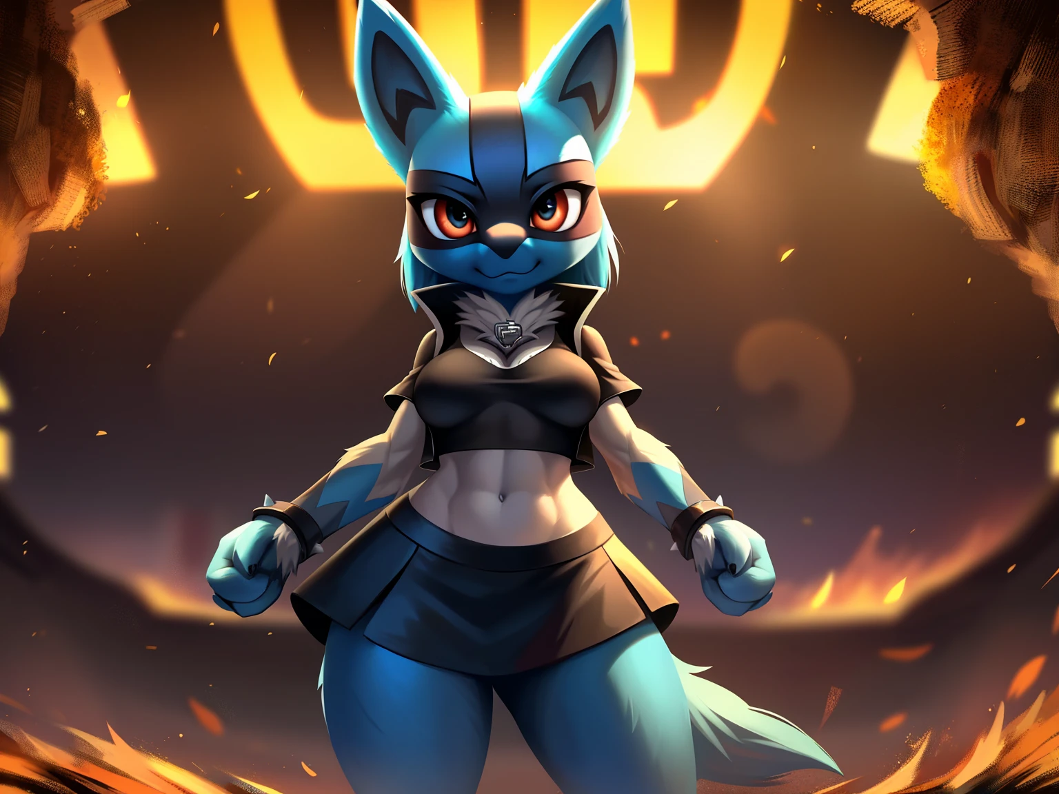 ((lucario)), ((solo)) wolf, blue fur, spikes, breasts, black crop top, ((blue open jacket)), skirt, dynamic pose, looking at viewer, potted plants, decorations, standing, up close, inside, nightclub, rave, lens flare, Very good figure, best quality, highres, 16k, Natural soft light, Tyndall effect, Advanced film lighting, Unreal Engine5, Extremely realistic, A high resolution, perfect masterpiece, high quality, high resolution