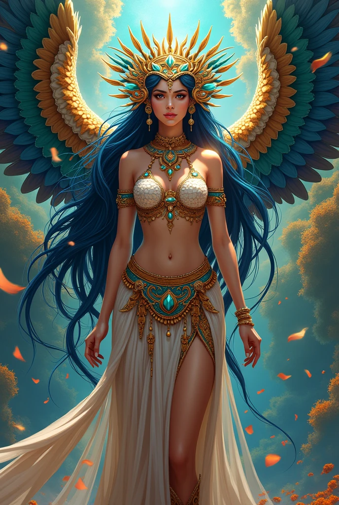 "Please create a series of images that depict the goddess Isis, one of the most important deities in Egyptian mythology. The images should capture the majesty, beauty and power of this goddess. Isis is often depicted as a woman of incomparable beauty, wearing a long dress adorned with Egyptian symbols such as the ankh (symbol of life) and the ureus (sacred serpent). She is often depicted with spread wings, symbolizing her connection to the heavens. Use vibrant colors and elaborate details to emphasize the divine aura of Isis. Include elements associated with it, such as the moon, the Nile, and lush vegetation. The images should convey reverence and admiration for the goddess, as well as her role as protector, healer and symbol of fertility. Celebrate rich Egyptian mythology through artistic depictions of Isis."