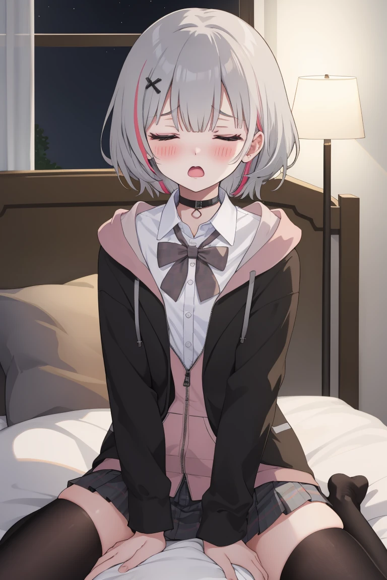 Portrait, official art, best masterpiece, best quality, best resolution, 8K, best detailed, perfect anatomy
BREAK
1girl, solo, bbsena, grey hair, short hair, multicolored hair, hair ornament, black choker, bowtie, collared shirt, hoodie, black jacket, open clothes, long sleeves, grey skirt, pleated skirt, black thighhighs, (flat chest, short stature:1.2), black panties
BREAK
nsfw, masturbation, Straddling, cowgirl position, pillow humping, crotch rub, pillow, on pillow
BREAK
(blush:1.3), (ahegao, female orgasm, shy, close your eyes:1.2), lewd face, troubled eyebrows, open your mouth
BREAK
luxurious room, bed room, on bed, (night, midnight, darkness:1.3), very fine and detailed 16KCG wallpapers