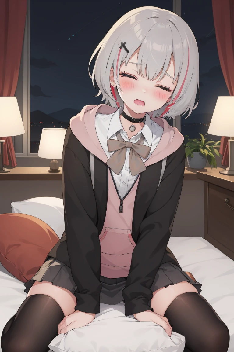 Portrait, official art, best masterpiece, best quality, best resolution, 8K, best detailed, perfect anatomy
BREAK
1girl, solo, bbsena, grey hair, short hair, multicolored hair, hair ornament, black choker, bowtie, collared shirt, hoodie, black jacket, open clothes, long sleeves, grey skirt, pleated skirt, black thighhighs, (flat chest, short stature:1.2), black panties
BREAK
nsfw, masturbation, Straddling, cowgirl position, pillow humping, crotch rub, pillow, on pillow
BREAK
(blush:1.3), (ahegao, female orgasm, shy, close your eyes:1.2), lewd face, troubled eyebrows, open your mouth
BREAK
luxurious room, bed room, on bed, (night, midnight, darkness:1.3), very fine and detailed 16KCG wallpapers