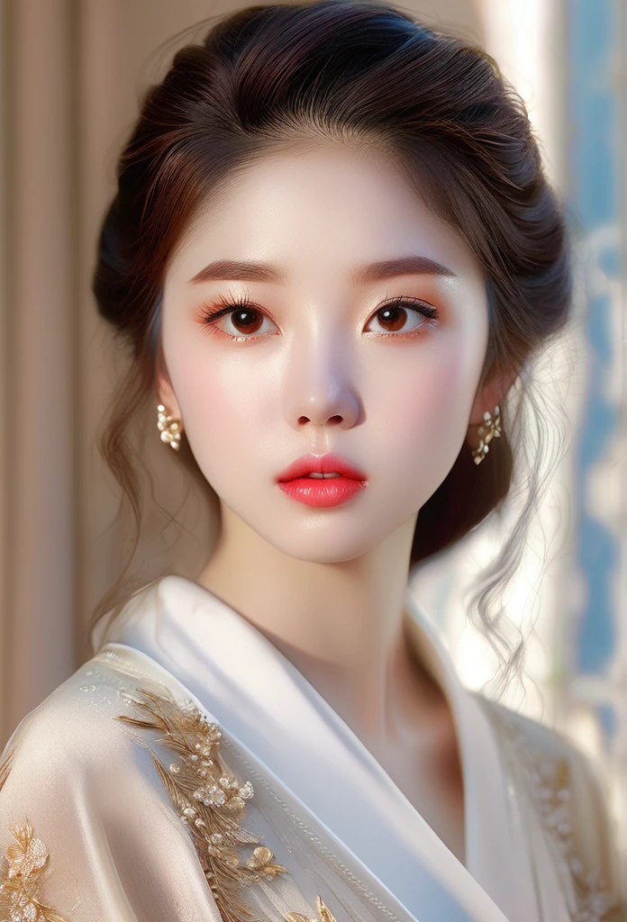 (ultra realistic photo, natural light, realistic, very detailed, photography, masterpiece, high quality), Beautiful girl, very detailed 얼굴과 눈, long eyelashes, beautiful and delicate lips, 1 woman, portrait, fancy, digital painting, ethereal, soft lighting, disapproval, cinematic, very detailed, convoluted, fancy, elegant, feeble, serene, dreamlike, breathtaking, Very cool, exquisite, masterpiece