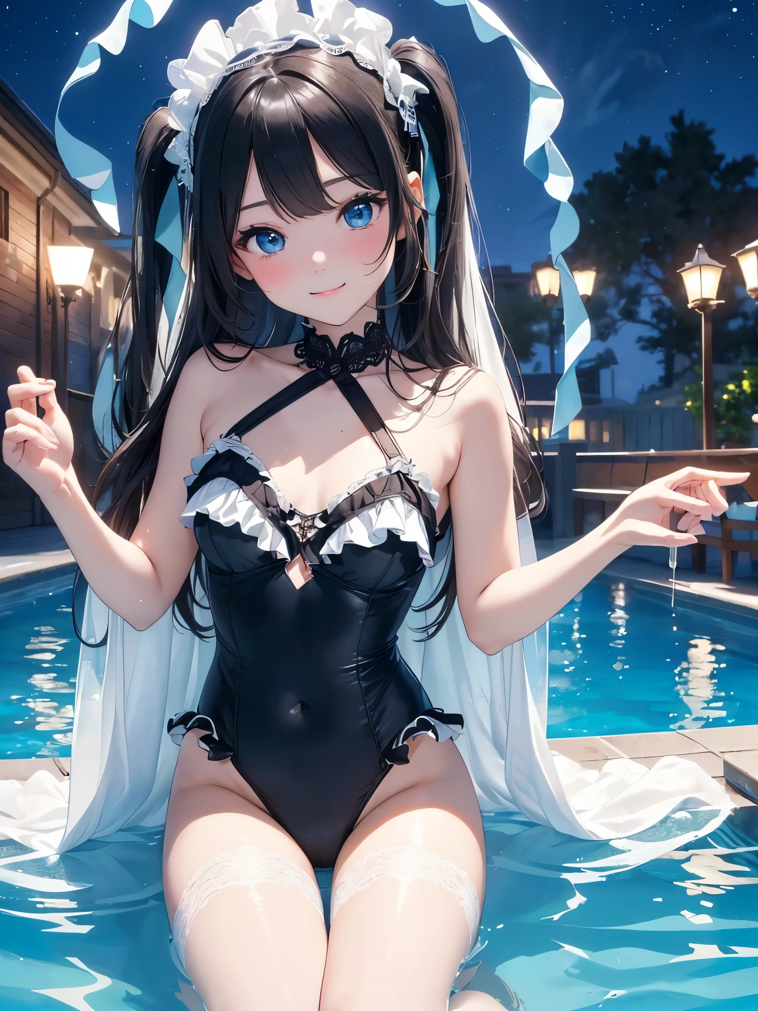 ((masterpiece)), ((highest quality、Ultra high definition)), (Very detailed),(8k、Photo quality)、((Amazingly cute girl)),1 girl)), Two people, , (Beautiful emerald blue eyes), ((smile、Small breasts)),In the open-air bath overlooking the sea, Beautifully arranged black hair in twin tails、Slim Body、((Cute swimsuit with lace and frills))、Professional Lighting、(White lace knee-highore detailed and beautiful)、(More details and cutenesore realistic)、((Just wear light clothing))、Frolic in the pool、((unbelievably cute))、((A cute pose))、((Night view))、(Have a drink to stay hydrated)、