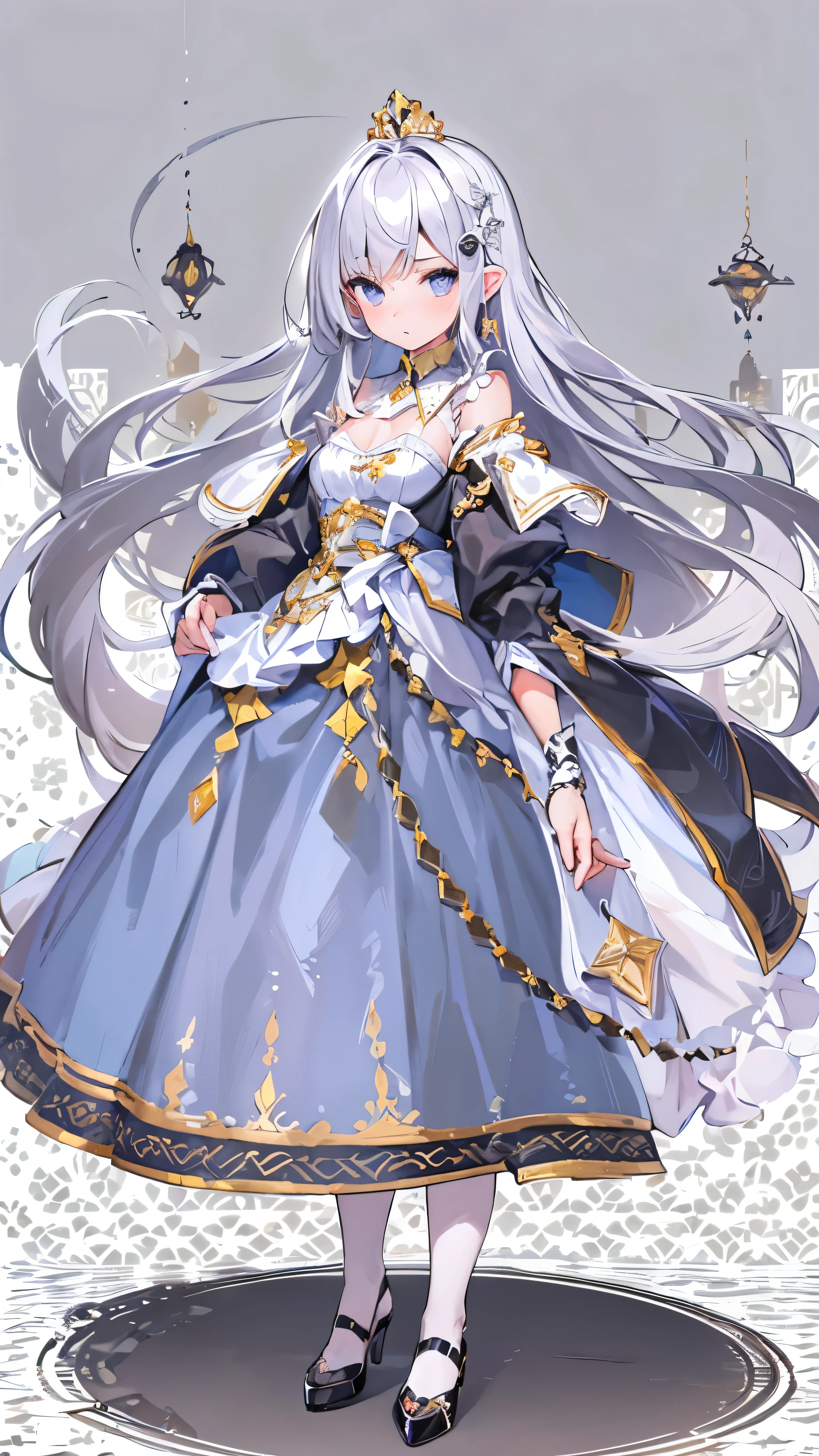 ((Masterpiece)), (highest quality))), (Character design sheet, national costume, same character, front, side, back), illustration, 1 girl, full body, silver hair, eye hair, beautiful eyes, princess cut, environmental change scene, short skirt, shyness, woman, girl, standing, goth , V-tuber, chartaan betarola, (simple background, white background: 1.3) ( Masterpiece:1.2), (Best Quality:1.3)