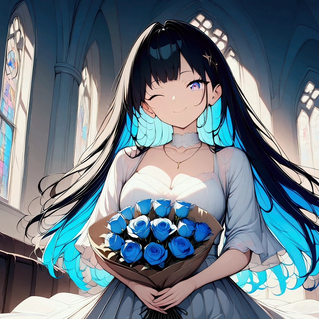 (((anime))) (((Wink))),A woman giving a bouquet of flowers,church,long hair,(Black Hair),Center-parted bangs,Glowing blue eyes,smile,White Dress,Wear white lace,Close your mouth,White Skirt,Bouquet of blue roses ,front,Light coming through the window,masterpiece,Highest quality,Exquisite,8k,Absurd,Ultra-fine illustrations,front,First Person View