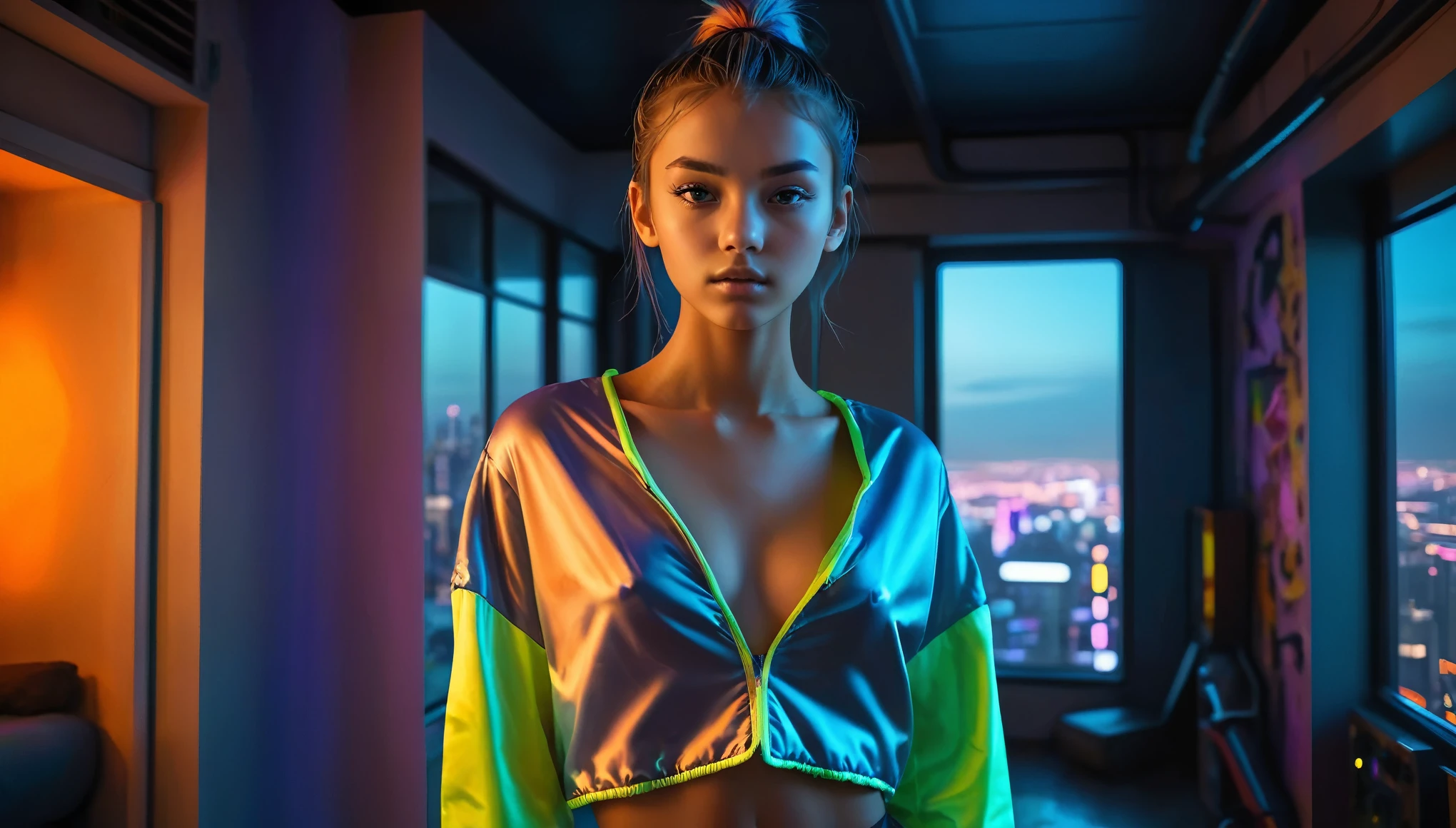 Top Quality, Masterpiece, High Resolution, 8k, (((cute skinny barely legal girl in oversized silk shirt and wetlook leggings, bare belly, wide neckline, deep neckline, small perky breasts, beautiful detailed eyes, beautiful detailed lips, small closed mouth, extremely detailed face, long ponytail hair, small hips))), cyberpunk apartment, moody atmosphere, dramatic and random neon colors, futuristic setting, intricate details, at night, backlit, full body shot, view from distance, random pose