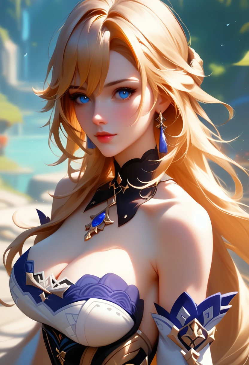 style girl, 3d.solo, dramatic angle, imid shot, focus on face, leaning forward, Extremely gorgeous metal style, Perfect female body, woman, Fluttering long hair, gold hair.lace, super fucking beautiful, light blush, tsurime, parted lips, large breasts, beautiful detailed blue eyes, with blue ornaments, dress, overexplosure, blue Clothes, Ancient palace background, flowing, 8k wallpaper, extremely detailed CG unity 8k, very precise detailed,