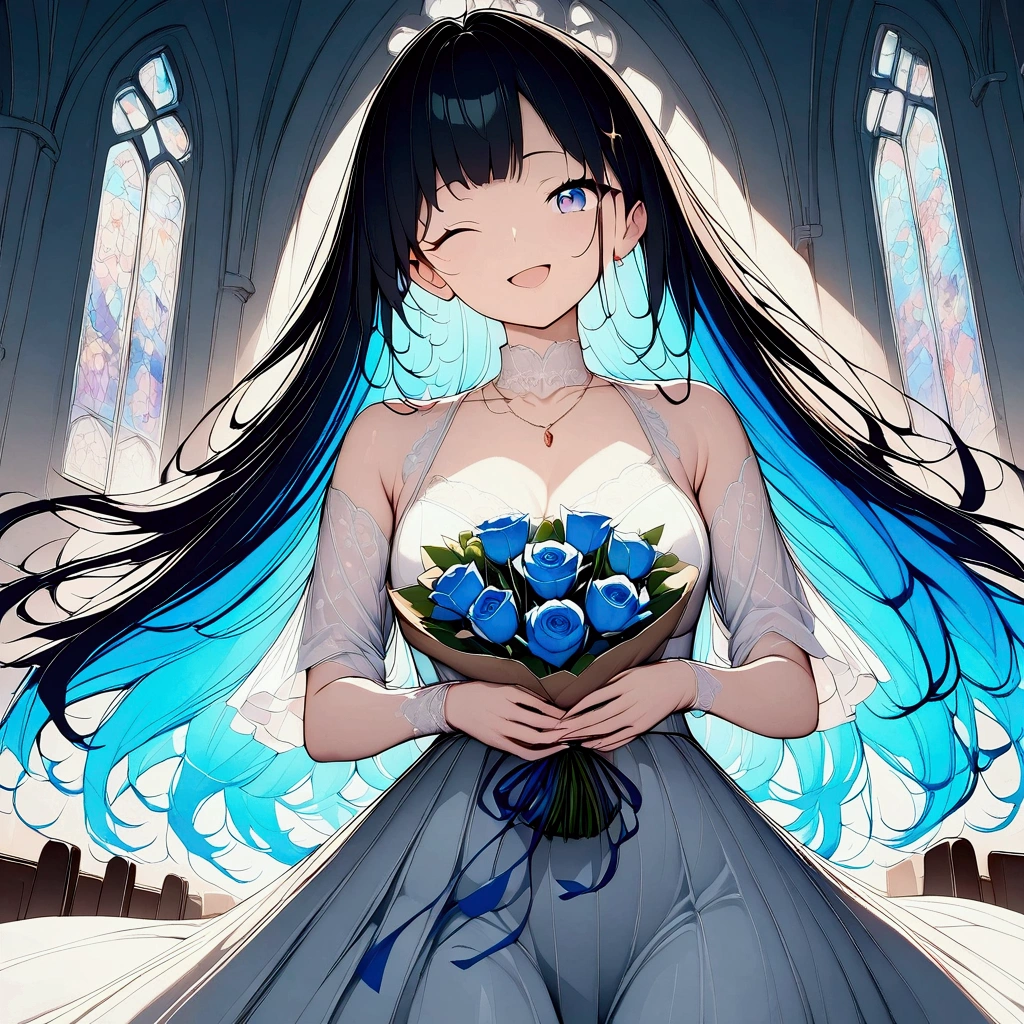 (((anime))) (((Wink))),A woman giving a bouquet of flowers,church,long hair,(Black Hair),Center-parted bangs,Glowing blue eyes,smile,White Dress,Wear white lace,Open your mouth,White Skirt,Bouquet of blue roses ,front,Light coming through the window,masterpiece,Highest quality,Exquisite,8k,Absurd,Ultra-fine illustrations,front,First Person View