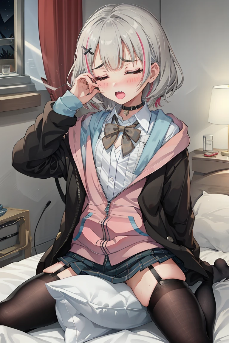 Portrait, official art, best masterpiece, best quality, best resolution, 8K, best detailed, perfect anatomy
BREAK
1girl, solo, bbsena, grey hair, short hair, multicolored hair, hair ornament, black choker, bowtie, collared shirt, hoodie, black jacket, open clothes, long sleeves, grey skirt, pleated skirt, black thighhighs, (flat chest, short stature:1.2), black panties
BREAK
nsfw, masturbation, Straddling, cowgirl position, pillow humping, crotch rub, pillow, on pillow
BREAK
(blush:1.3), (ahegao, female orgasm, shy, close your eyes:1.2), lewd face, troubled eyebrows, open your mouth
BREAK
luxurious room, bed room, on bed, (night, midnight, darkness:1.3), very fine and detailed 16KCG wallpapers