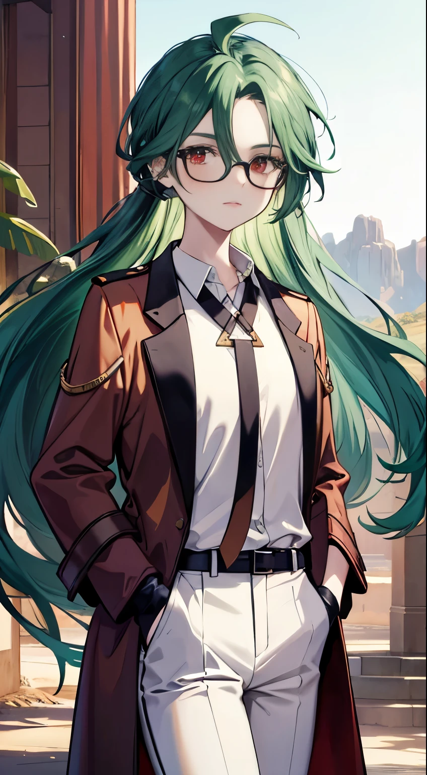 Green hair，Red eyes，Long hair，Glasses with belt，Beautiful woman，Brown coat，White suit，White pants，Woman dressed as a man，Medium breasts，blush，Desert Background，Adventure