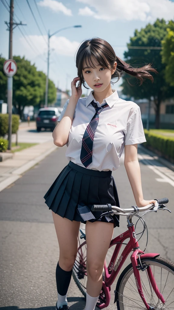 Very realistic、A very beautiful and stylish gravure model、girl uniform、Pleated skirt、socks、shoes、Riding a bicycle to school、Panty shot、Realistic panties、The wind is blowing strongly、She is trying to hold her panties down with one hand because the wind is blowing them away