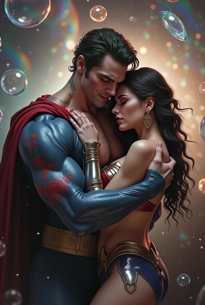 Masterpiece, Need for Good, 1 Man, Adult, Mature Woman, Tall Muscle Man, Dark Theme, Magic Array, Bubbles, Rainbow Sunlight, Underwater, Mirror, Floating Glass Sheets, Rainbow Light, Bubble Swirl, Wind Vortex, Aurora, Fantasy Landscape, Starlight Around the Character, (Upper Body), Naked on Upper Body, with a unicorn tattoo