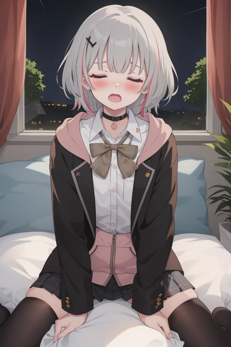 score_9, score_8_up, score_7_up, score_6_up. Optional: source_anime, Portrait, official art, best masterpiece, best quality, best resolution, 8K, best detailed, perfect anatomy
BREAK
1girl, solo, bbsena, grey hair, short hair, multicolored hair, hair ornament, black choker, bowtie, collared shirt, hoodie, black jacket, open clothes, long sleeves, grey skirt, pleated skirt, black thighhighs, (flat chest, short stature:1.2), black panties
BREAK
nsfw, masturbation, Straddling, pillow humping, crotch rub, pillow, on pillow, straddle a big pillow
BREAK
(blush:1.3), (ahegao, female orgasm, shy, close your eyes:1.2), lewd face, troubled eyebrows, open your mouth
BREAK
luxurious room, bed room, on bed, (night, midnight, darkness:1.3), very fine and detailed 16KCG wallpapers