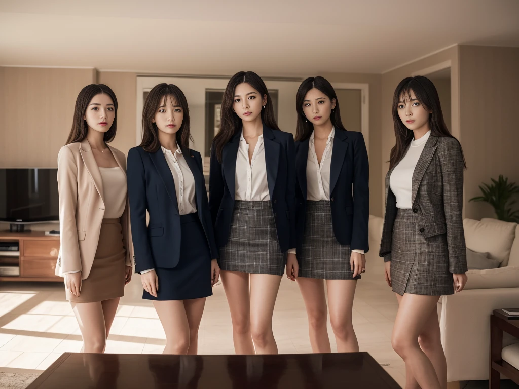 ((Best Quality, 8k, Masterpiecedetails, ultra-high resolution)), (group picture),(looking at the viewer), (full shot:), attractive business 5 milfs, 5 people, a bit chubby:0.25, seductive expression, white collared shirt, grey skirt, (sitting with cross legs on office desks)), smile, office of CEO