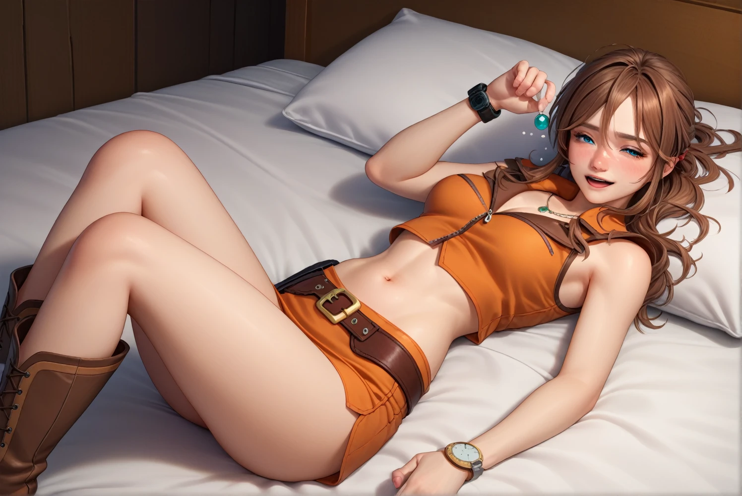 Gemini Sunrise,Brown sleeveless cowgirl shirt,Ultra mini skirt,Western belt with holster,Western Boots,Precision watch on your wrist,Sheriff badge on chest,Navel exposed,Drunk,Above the knee shot,hiccups,Have a look at this,Lying in bed,Ultra-high resolution,16K