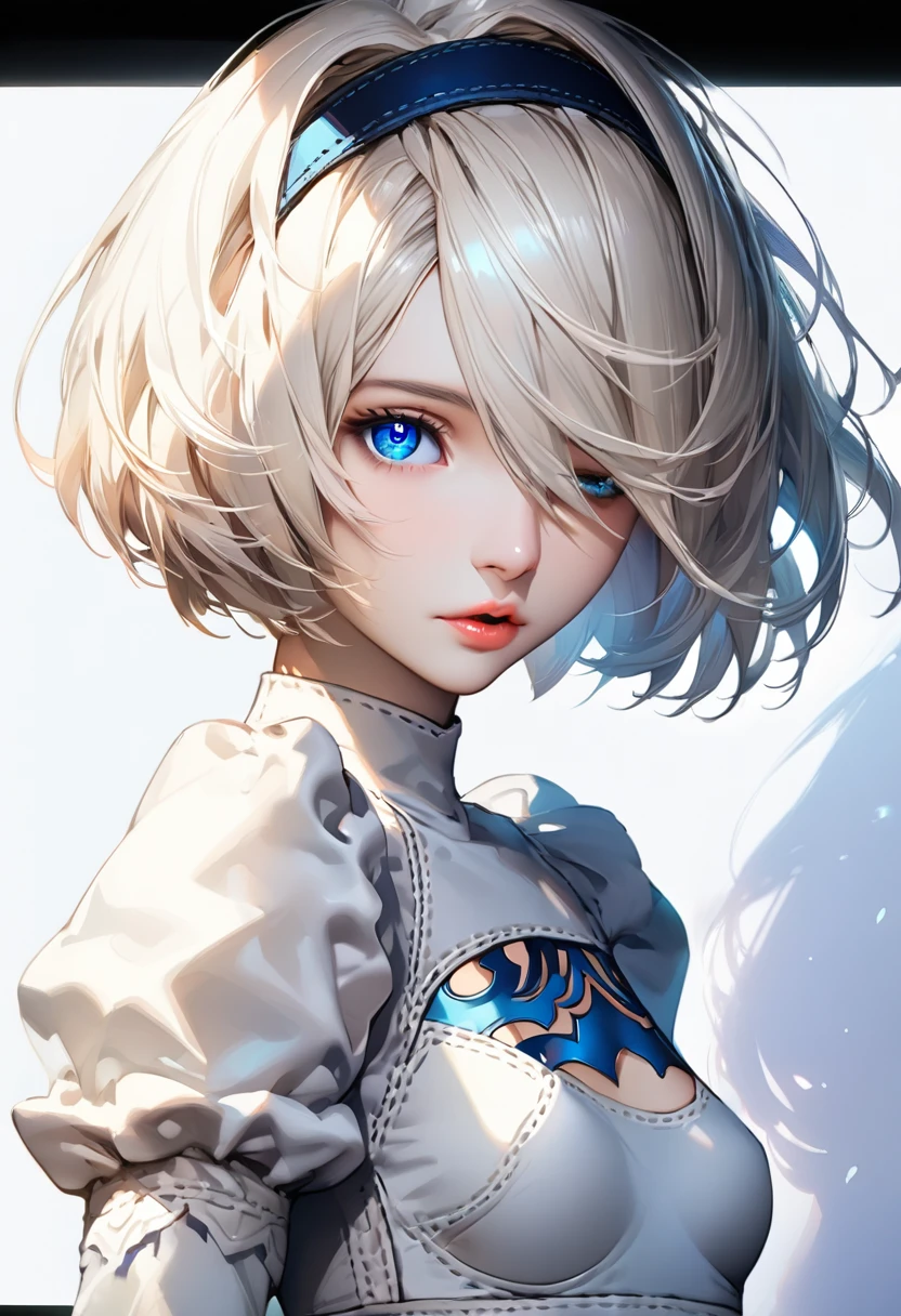 {(masterpiece,best quality, 16K portrait, UHD, extremely detailed the work, detailed beautiful face and eyes and skin and hair)}
BREAK {(ultra realistic photo graphic style:1.2)}
BREAK {solo,(2B of Nier-Automa:1.4), (lightbrown-lightwhite colored hair:1.4, short cut hair), (medium mouth),(narrow and sharp eyes),(attractive blue-glay eyes:1.4),(left-eye hidden by bangs:1.2),(slender body,small breasts):1.2,captivating lips}
BREAK {(Nier-Automata-2B costume:1.2),(cleavage between breasts:1.2),(hairband:1)}
BREAK {face focus}