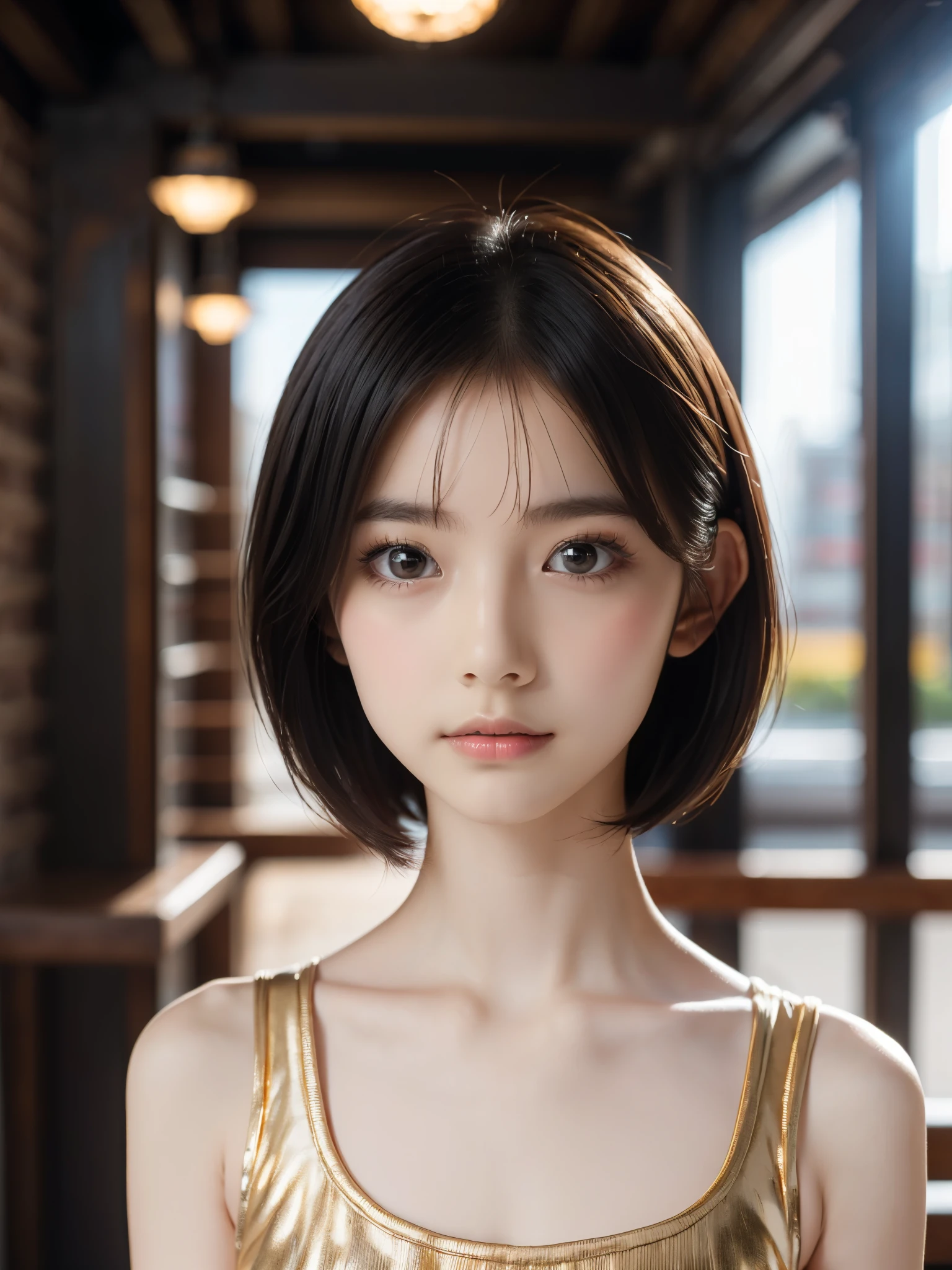 20-year-old woman、(masterpiece:1.4)、(In 8K、Realistic、RAW Photos、Highest quality:1.4)、(True Face:1.4)、(Realistic Skin:1.3)、Ultra-high resolution、Iris、Pierced Rondo Bob Cut、Street fashion、cap、Printed T-shirt、Sex、(Big Breasts:1.5)、Blushing、Attractive face、night、live house、stand