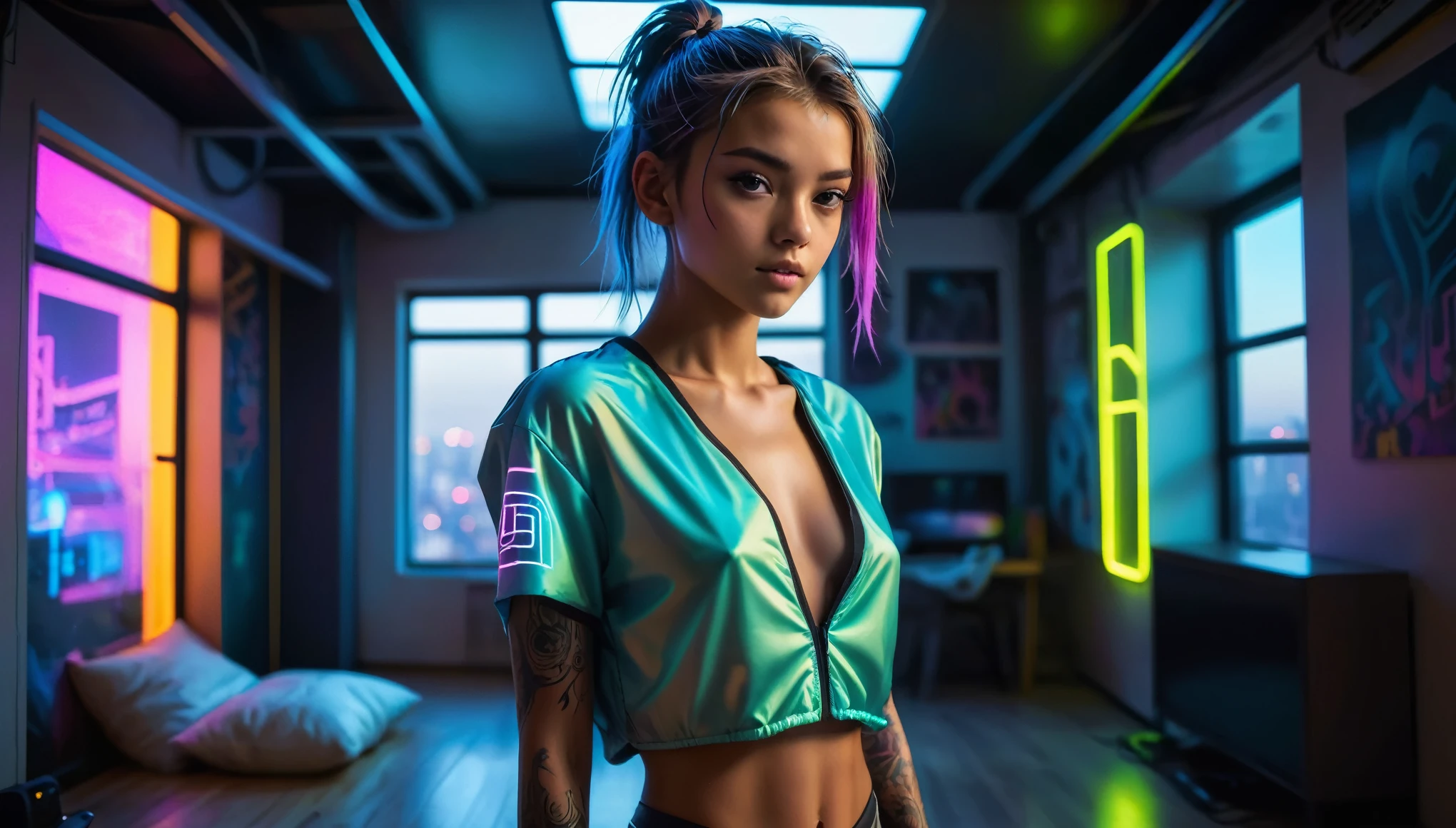 Top Quality, Masterpiece, High Resolution, 8k, wide objective, ((Teenager, 15 Years Old, barely legal)), (Tanned Skin Tone), ((girl in sheer silky oversized Tank Top, side boob, wide neckline, deep neckline, shiny boxers)), ((bare belly, big perky breasts, detailed face, detailed eyes, thin eyebrow, detailed lips, small hips, no makeup, some tattoos)), (Tomboy Style, tomboyish), (randowm short hair style, straight hair, short pixie cut hair), (((in a spaceship on the bed, moody atmosphere, dim light, dramatic and neon colors, futuristic setting, intricate details, at night, random pose, neon colors))), full body view