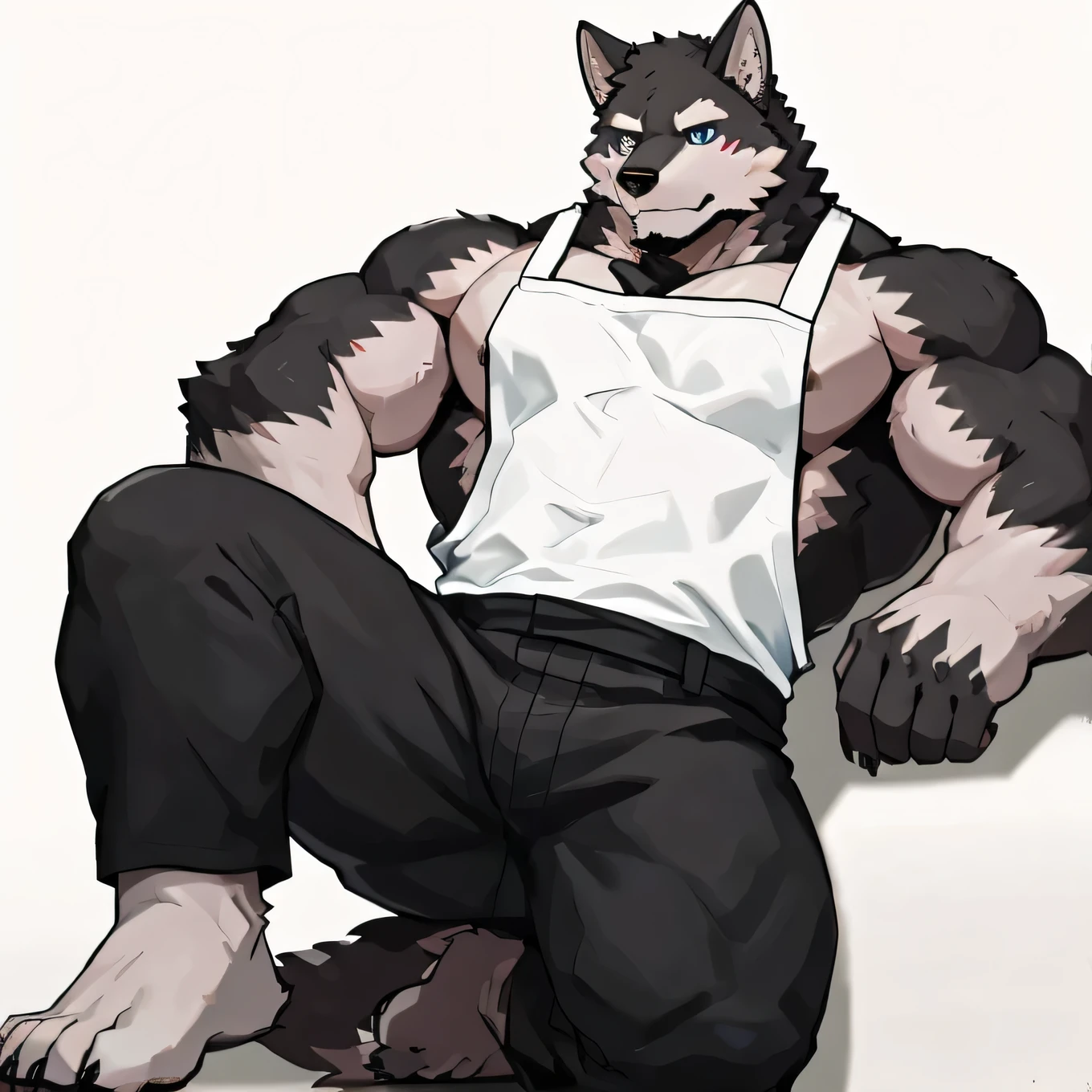 1 boy, Solitary, anthropology, Wolf, hairy, Black and white fur, Where people gather,Sparkling blue eyes, Pink hunk,Have abdominal muscles,muscular, Handsome, apron, Black pants, White shirt, lie on the floor, lie, high quality, Super Detail, 1080P, high quality, high quality, best quality, 8K, Super Detail, 16K, White background