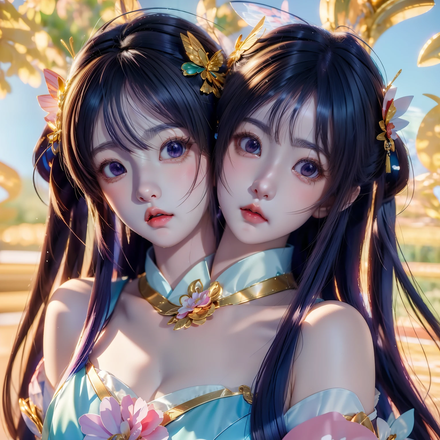 (top-quality)、 (masterpiece)、(Professional lighting with fewer shadows)、 (A hyper-realistic)、 (perfect anatomia)、 (In front of the camera、There are two women、Forward and backward、Crying Kuroko、That and bangs and forehead), ( Huge breasts), (Bright and even whitening skin without wrinkles and steps), (Beautiful blue eyes with long eyelashes and red tear bags)、 (Her costume is naked, however, Only sailor collars are worn as small pieces of cloth:1.4), (Two people are surrounded by flowers, Proudly sticking out your chest in front of the camera:1.2), (Another person on the other side、with arcuate waist, Turn your back and expose your proud big ass:1.3), (One hand behind the head, A beautiful face is a beautiful smile with lowered eyebrows),