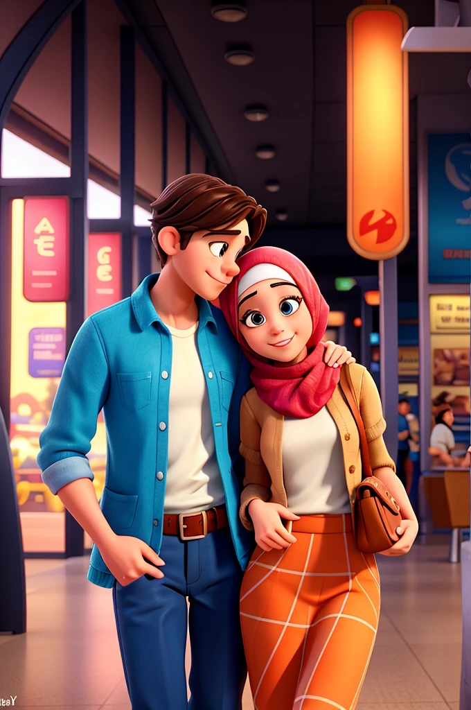 (disney art style, 3d characters) there is a man and woman standing together in a mall, couple, full protrait, couple pose, happy couple, couple portrait, couples portrait, lovely couple, casual photography, protrait, portrait n - 9, mid shot portrait, full device, in love, official product image, portrait image, casual pose, with ivy, 3 / 4 portrait, mid portrait, hijab girl