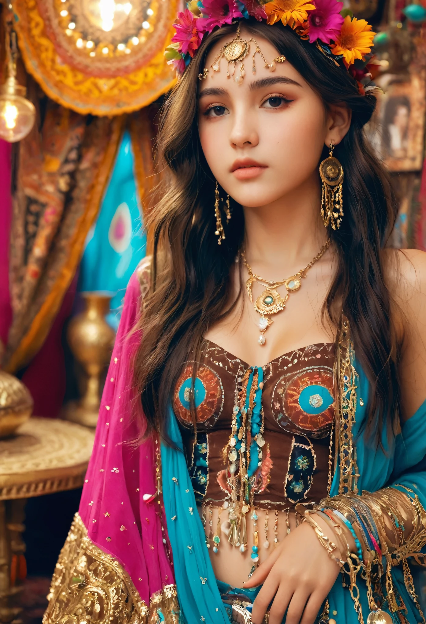 1girl, detailed face, (from side:0.8), gypsy clothing style, bohemian design, cinematic scene, starshape accessories, intricate super details, maximalist interior design, (looking at viewer:1.2), wide shot, (yo, cute:1.3), (breasts:1.2),