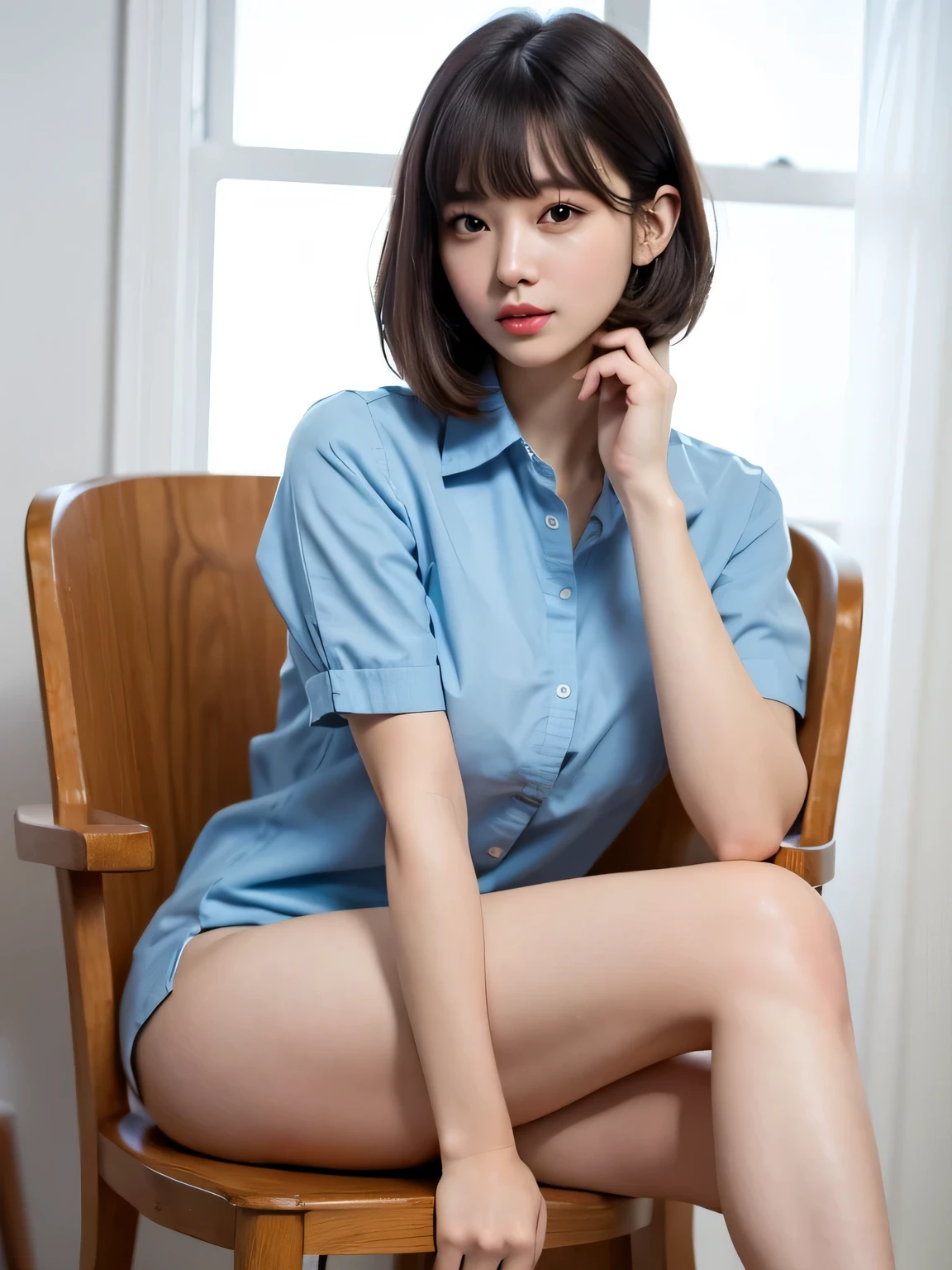 ((Best quality, 8k, Masterpiece :1.3)), pretty gravure model, 1girl, full body, slender abs :1.1, dark brown hair, bob cut, (Sitting with Knees Up on hospital room ,spread legs), (large breasts, Nurse’s Uniform), ultra-detailed face, highly detailed lips, detailed eyes, double eyelid