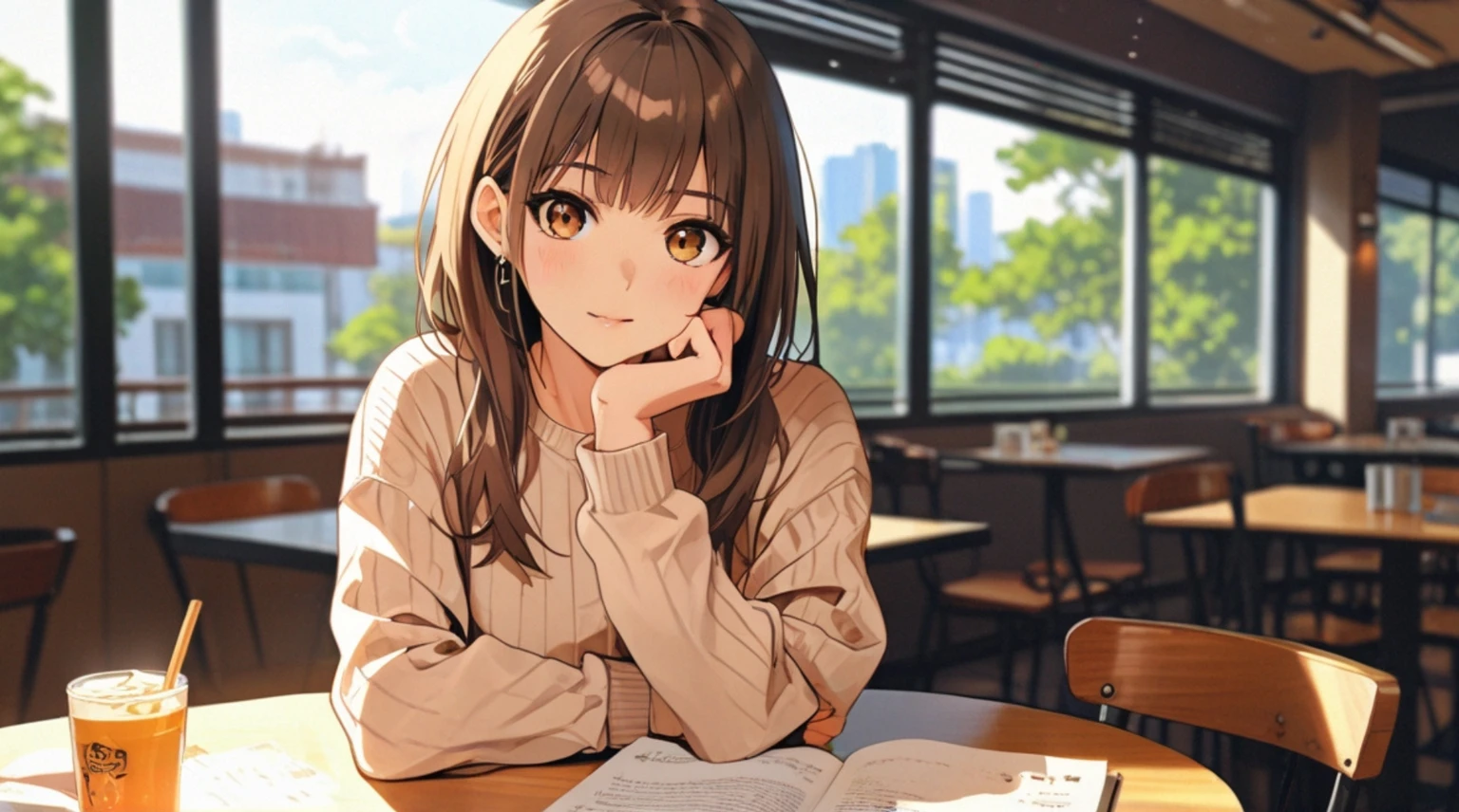 Girl listens to making coffee in a coffee shop,2D anime style, The morning air was clear. ,Warm atmosphere,